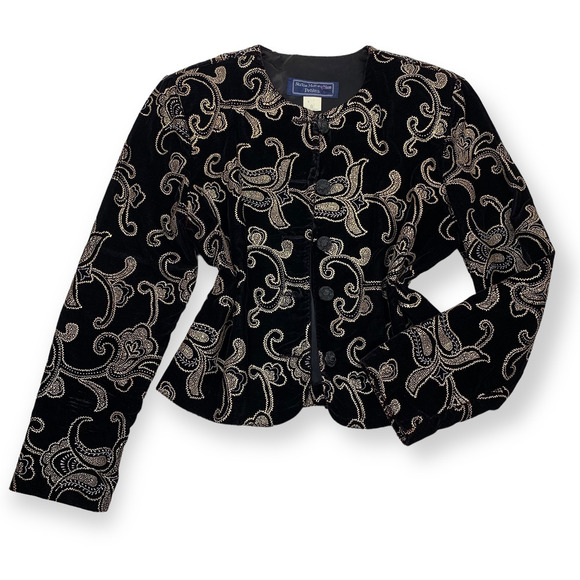 80's black velvet and gold blazer by NORTON McNAUGHTON Petites - Picture 3 of 12